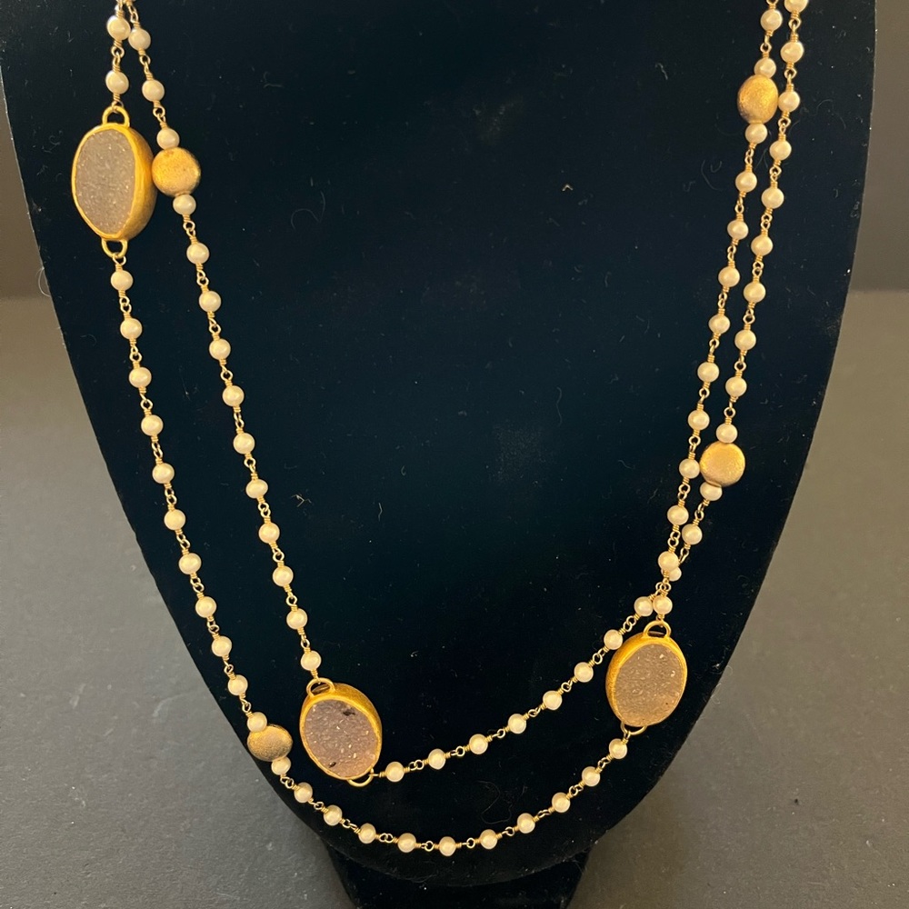 Nina Nguyen Handmade Necklace. Sterling silver Gold Overlay White Druzy Pearl